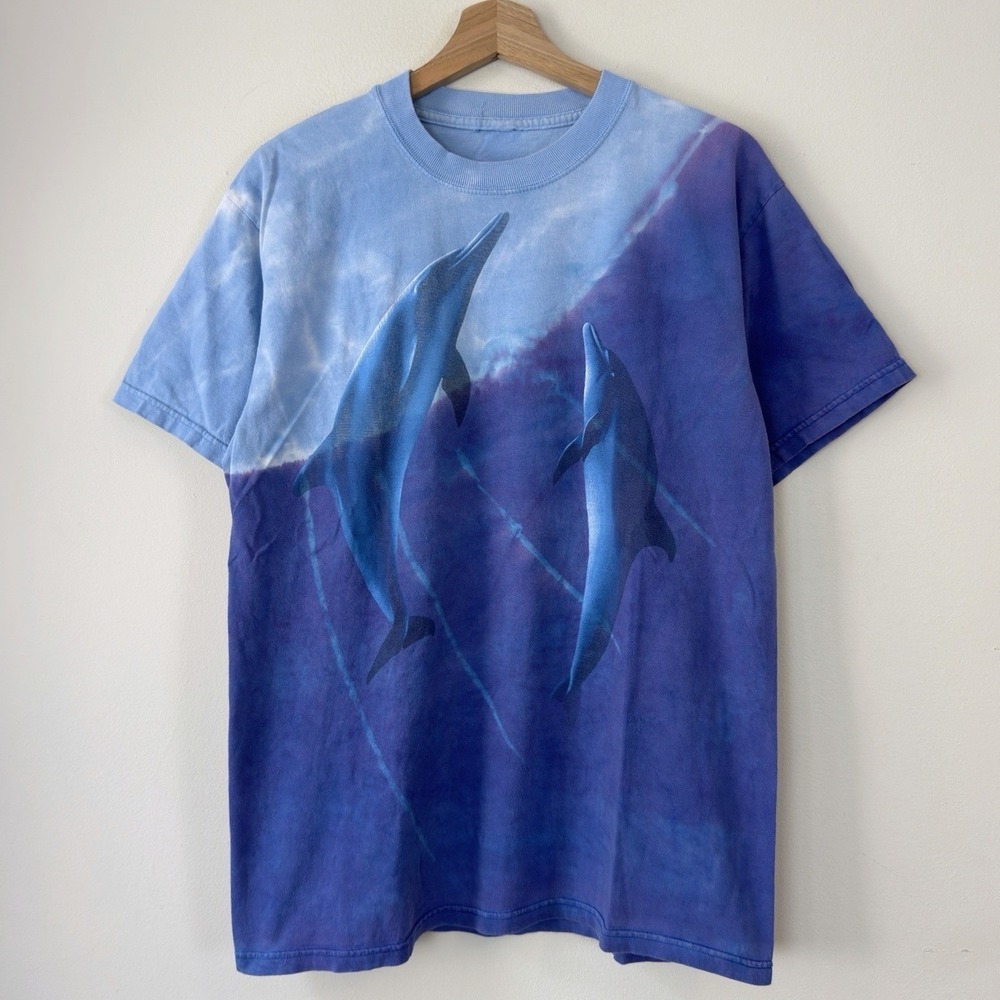 Vintage 90's Dolphin Animal Art Detroit Zoo Aquarium Blue Tye Dye Tee Shirt - M
